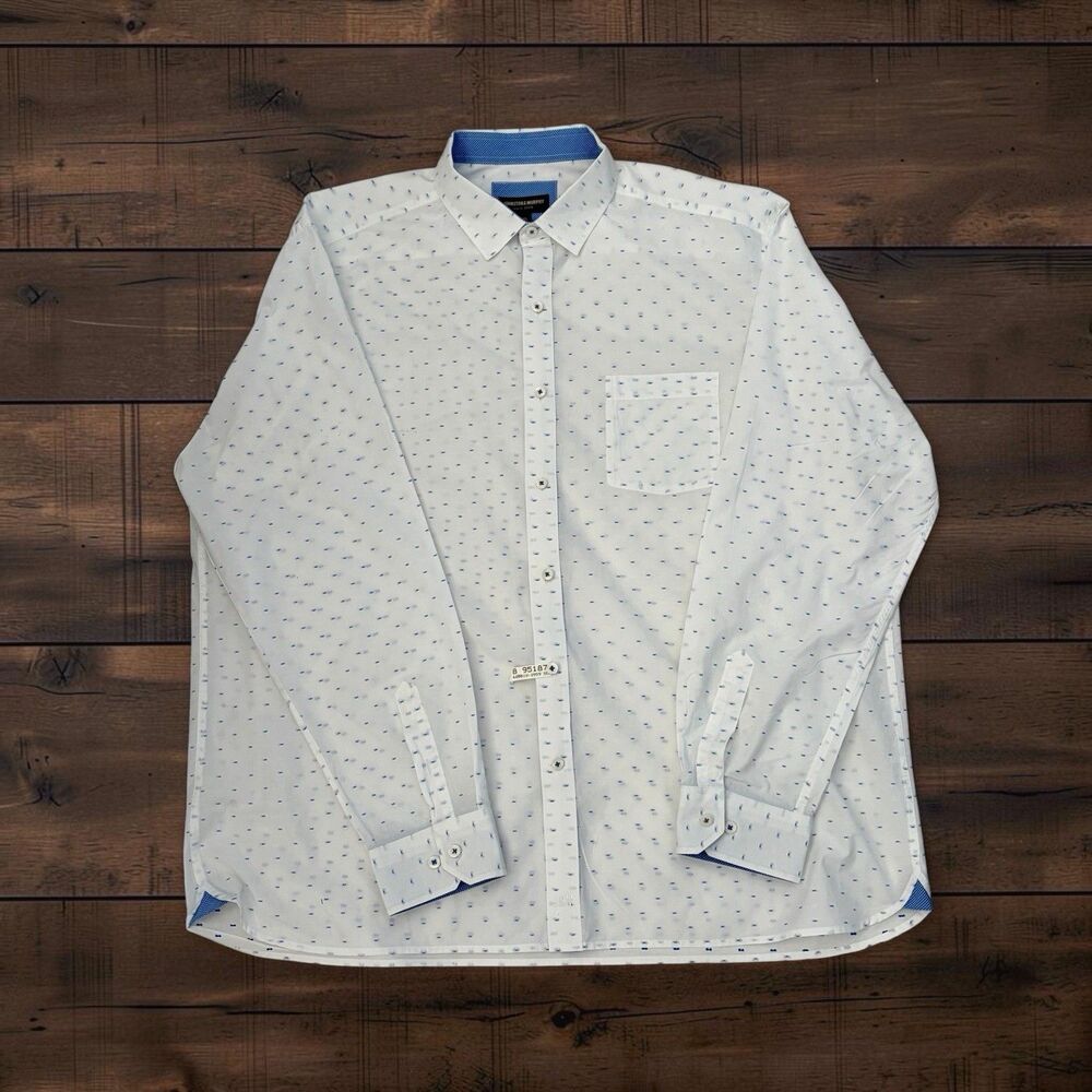 Johnston Murphy Shirt Mens XXL White Blue Geometric 100% Cotton Button Up 2XL